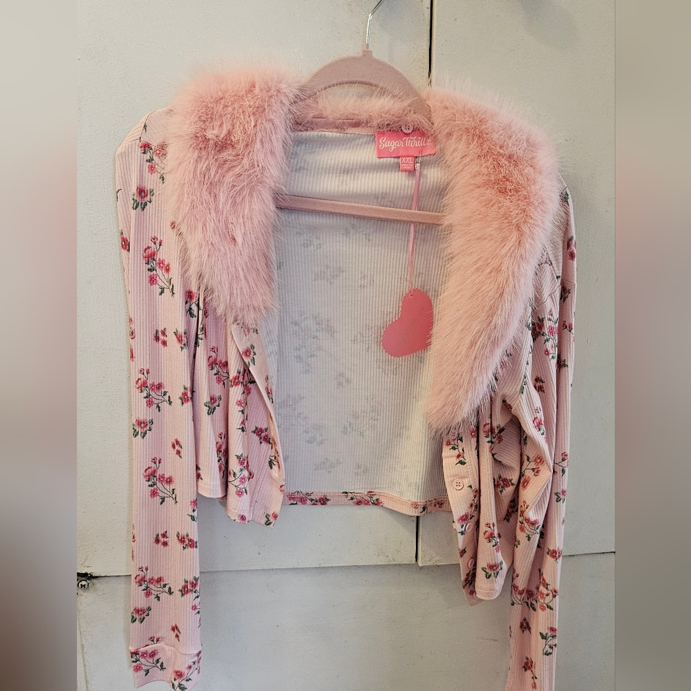 Sugar Thrillz Pink Floral Cardigan with Faux Fur Trim - XXL